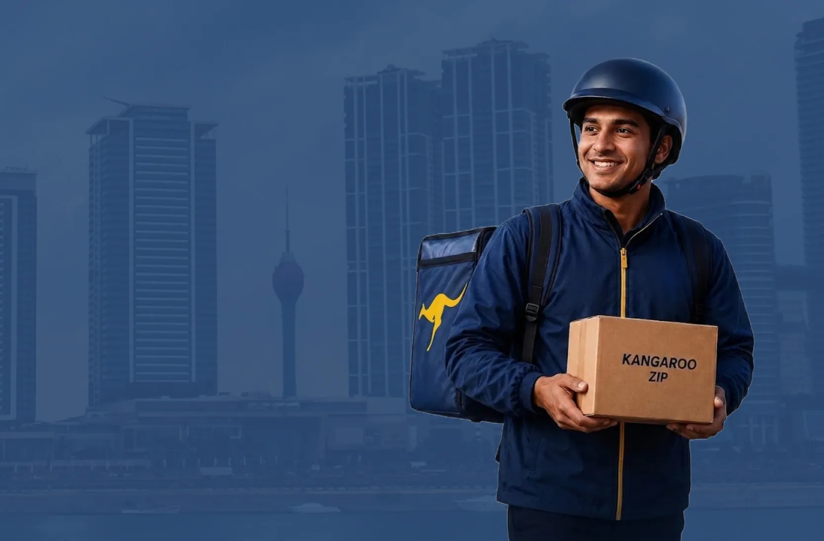A Kangaroo ZIP courier with a delivery box, against the Colombo skyline