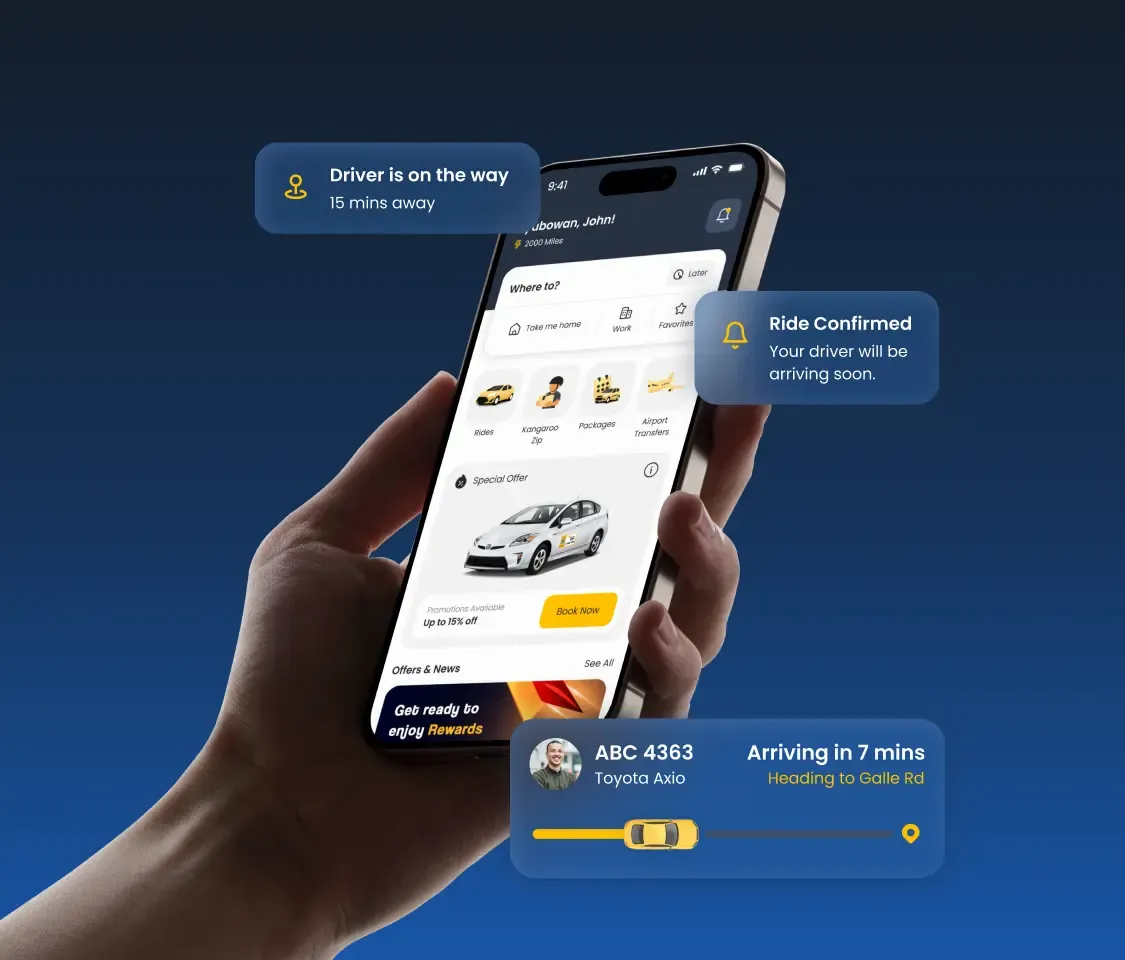 The Kangaroo Cabs app on a phone, confirming a ride and tracking the driver