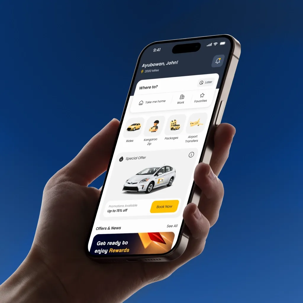 The Kangaroo Cabs app home screen, with rides, Kangaroo ZIP, packages and airport transfers