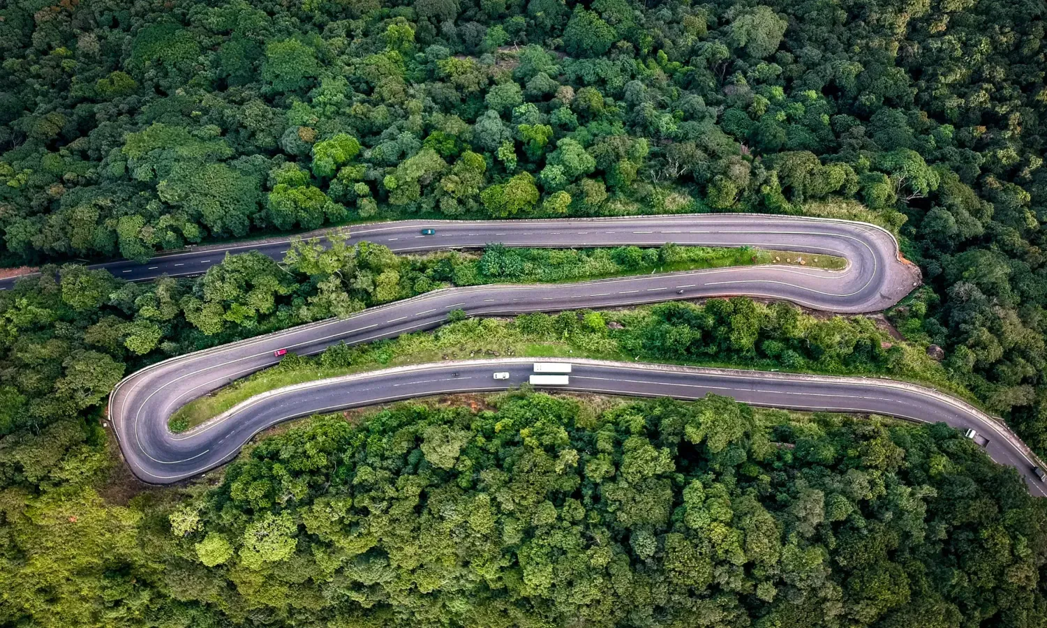 An aerial view of a winding road through forest