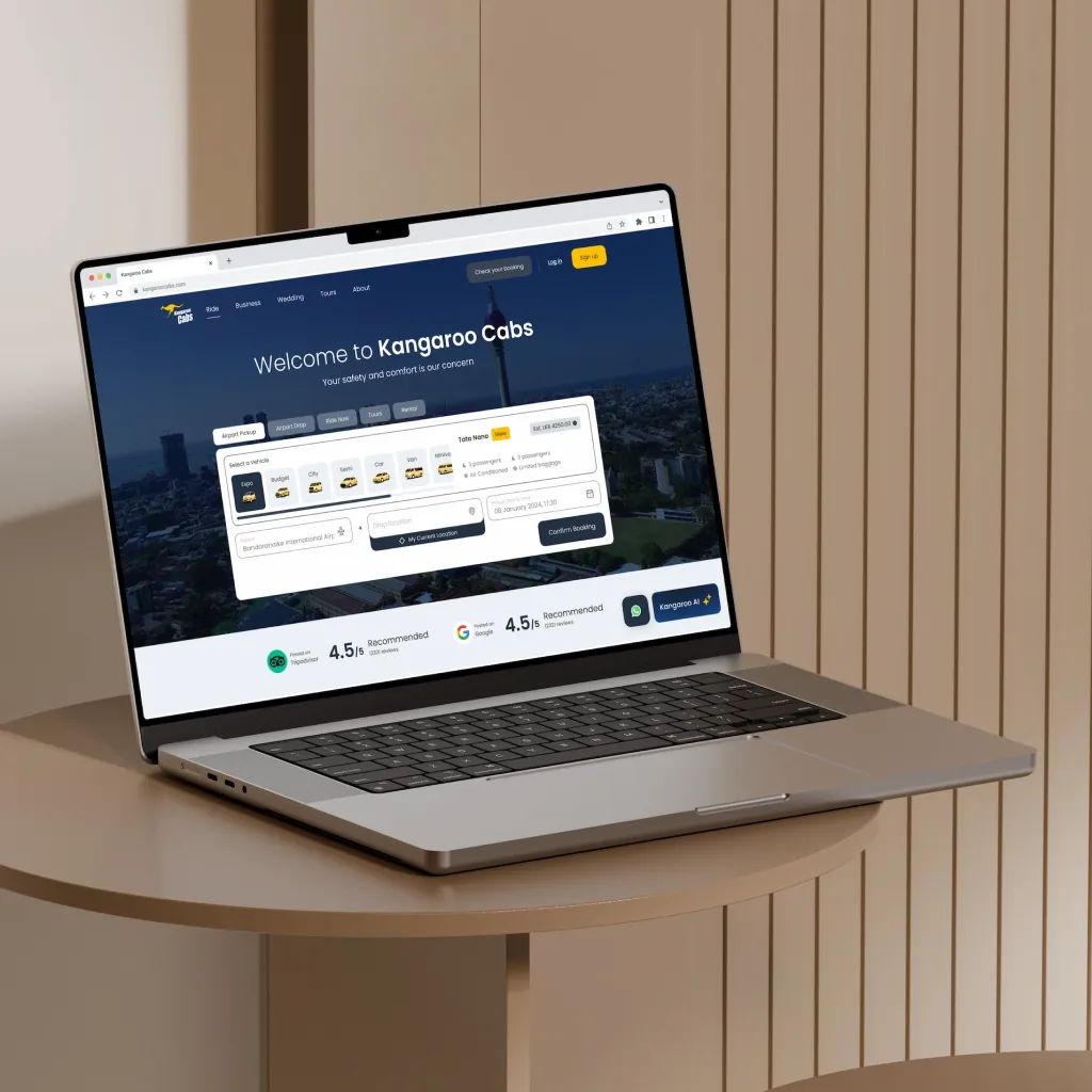 The Kangaroo Cabs website open on a laptop